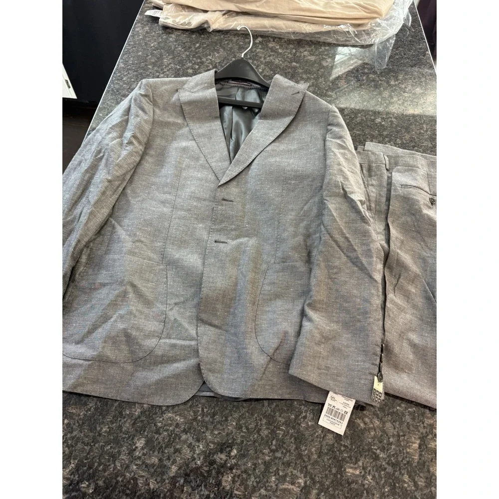 CONNAISSEUR PARIS - GREY 2 PIECE SLIM FIT LINEN‎ SUIT WITH PATCH POCKETS Sz 46